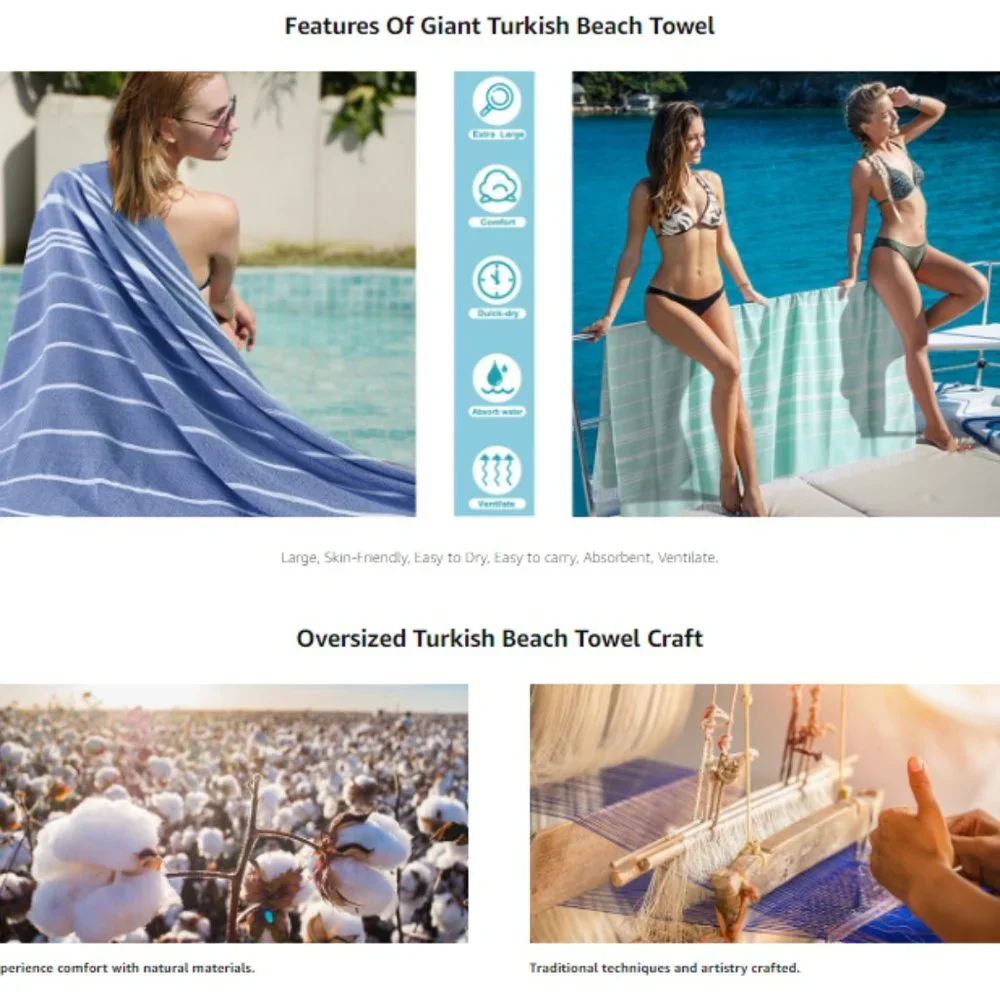 Giant Turkish Cotton Beach Towel - Throw Blanket - Soft/ Absorbent/ Lightweight